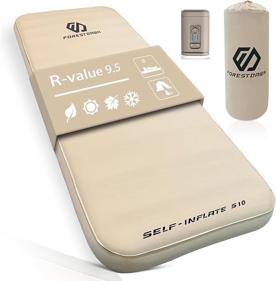 Self Inflating Sleeping Pad - 4" Extra Thick Memory Foam Pad | Includes Rechargeable Air Pump, 60S Fast Air Self-Inflating, All-Weather Warmth (R-Value 9.5)