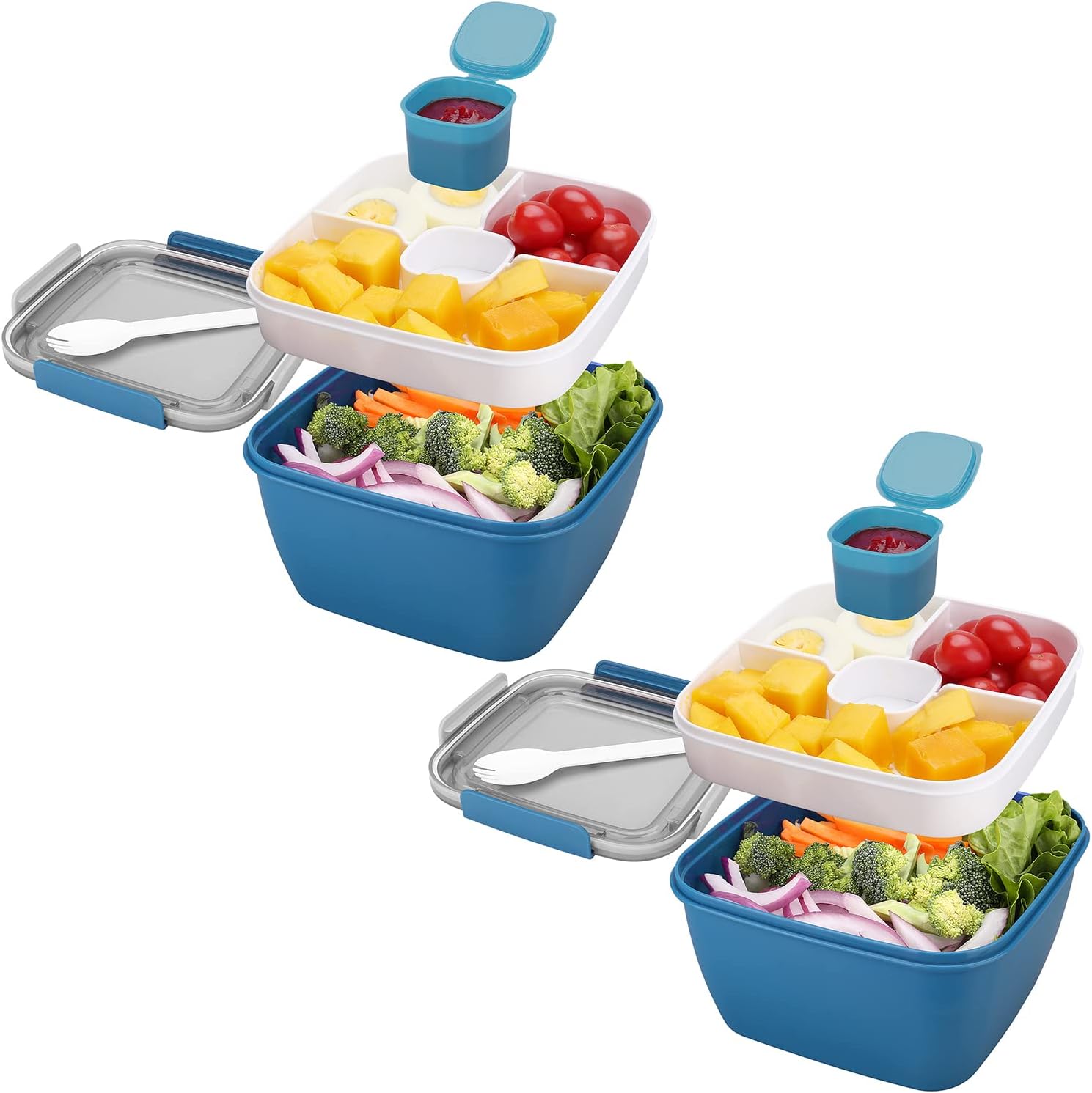 2 Pack Bento Box Adult Lunch Box,52-oz Salad Bowls,3 Compartment Tray with Salad Dressings Container,Used to Meal pre-prepare Food Fruit Snack,Leak Proof Blue