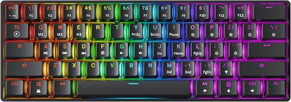 GK61 Mechanical Gaming Keyboard - 61 Keys Multi Color RGB Illuminated LED Backlit Wired Programmable for PC/Mac Gamer (Gateron Optical Red, Black)
