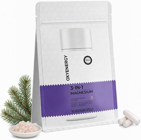 OxyEnergy 3-in-1 Magnesium Complex, 300mg Elemental Magnesium - Magnesium Glycinate, Citrate & Malate with Vitamin D3 & GABA, Supports Muscle Function, Energy & Sleep 180 Vegetarian Capsules