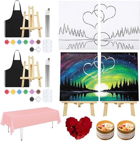 VOCHIC Sip and Paint Kit for Adult,2 Pack Pre Drawn Canvas Couple Painting Kit Date Night Couples Paint Art Set with Outline Canvas Polar Night Sky Valentine (8 x 10 Inches)