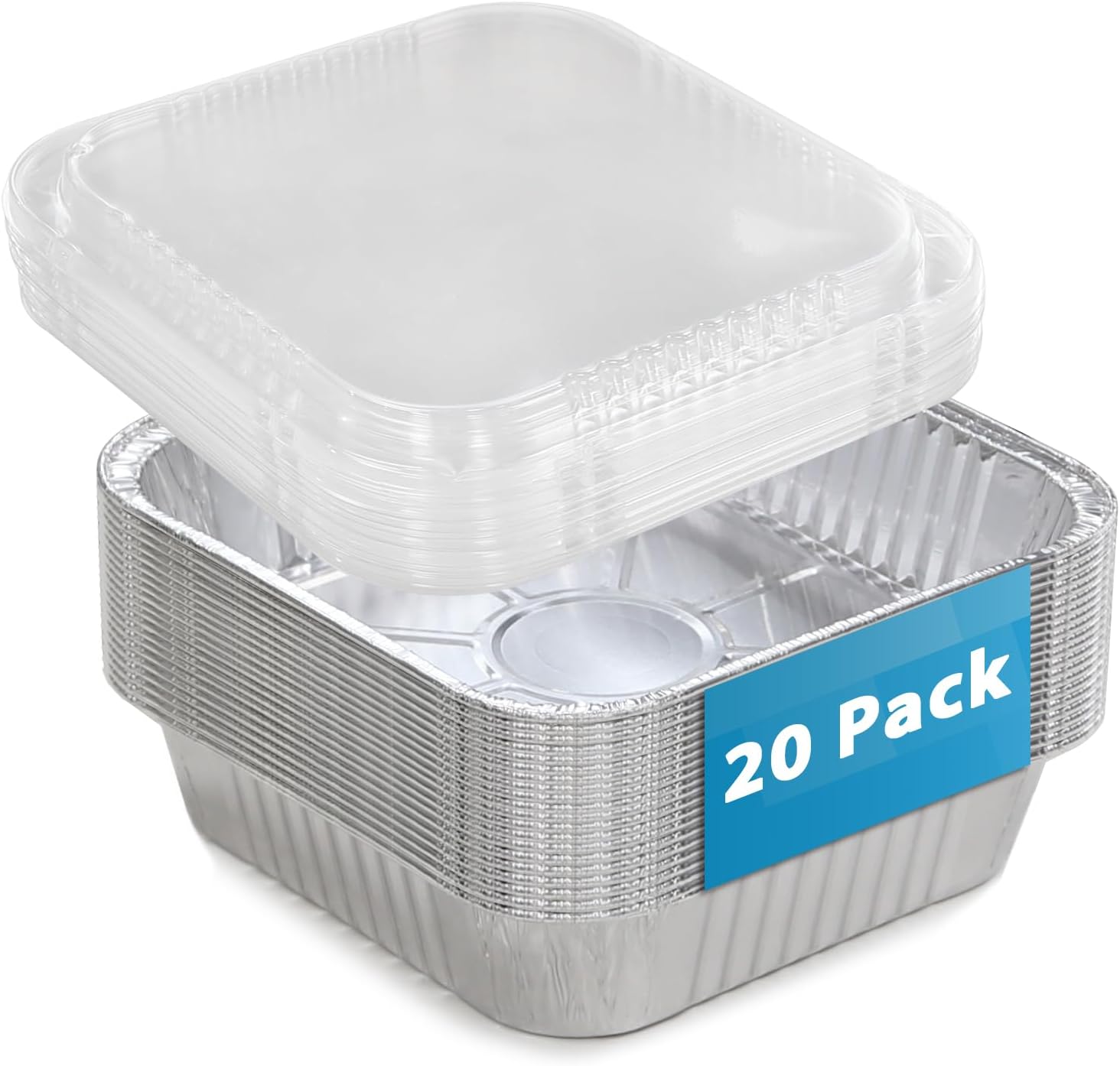 8x8 Disposable Aluminum Foil Pans with Clear Lids 20 Pack, Square Cake Pans, Small Food Containers for Roasting, Restaurants, Baking, Cooking, Heating, Buffets