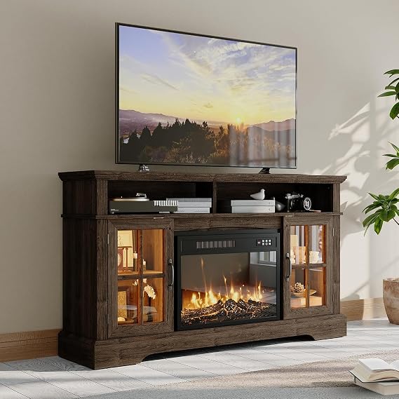 58" Fireplace TV Stand, Modern Entertainment Center for TVs Up to 70, TV Console with Storage Cabinets, Media Console for Living Room, Brown TV Stand and Black Fireplace
