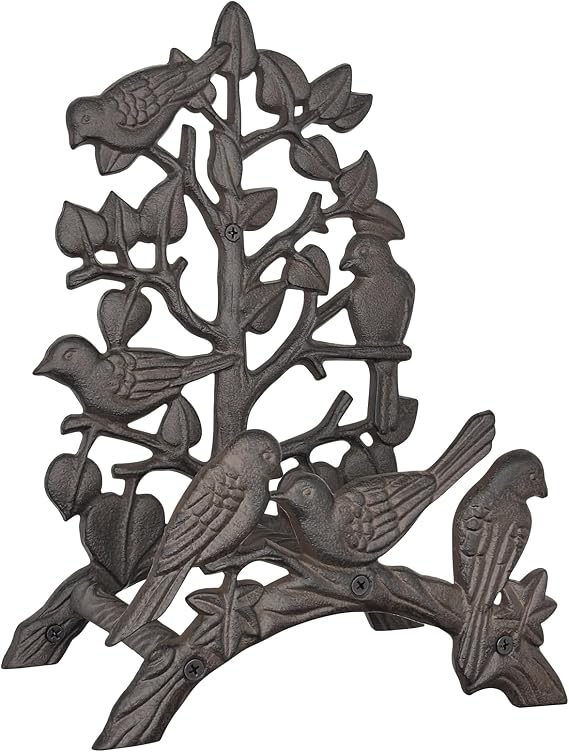 Cast Iron Garden Hose Holder Heavy Duty - Rustic Wall Mount Water Hose Hanger Reel Organizer, Decorative Birds & Branch Design, Vintage Outdoor Garden Yard Patio Storage Rack, Black-Brown