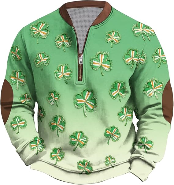 St Patricks Day Shirt Men Long Sleeve Half Zip Irish Shamrock Printed Pullover Tops Plus Size Saint Patty's Outfit