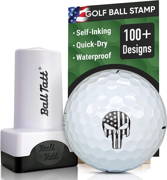 Golf Ball Stamp - Self-Inking Marker - Quick-Dry Permanent Marking Tool, No Leaks or Refills, Reusable & Waterproof Golfing Stamper - Ideal Gift for Golfers, Dads, Military - (American Punisher)