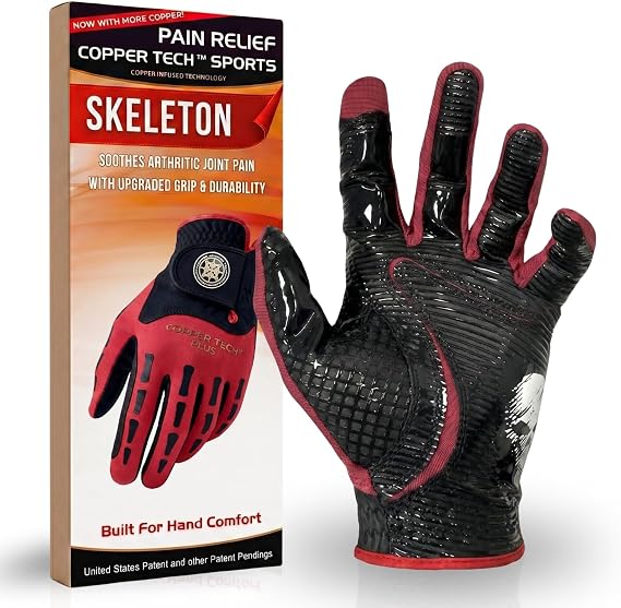 Copper Tech Skeleton Golf Gloves Men Right Handed Golfer or Left Handed Golfer (2nd Gen) | Copper Compression Joint Support with Tacky Grip | Flexible & Comfortable Fit with Premium Leather