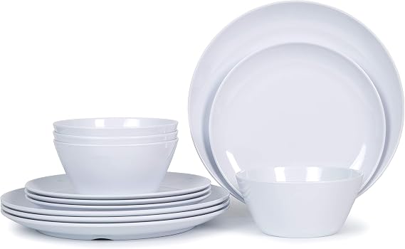 Melamine Dinnerware Set - 12pcs Plates and Bowls for 4,Durable Melamine Dishes Set for Everyday Use, Lightweight & Dishwasher Safe,White