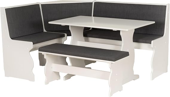 Linon Natasha Corner Nook Dining Set Charcoal Gray Fabric Seats in White Wood