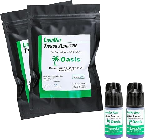 2 Pack Liquivet Rapid 2 Second Tissue Adhesive, Vet Skin Glue, Tissue Wound Cut Skin Closure, 3 Gram Bottle and 6 Applicators
