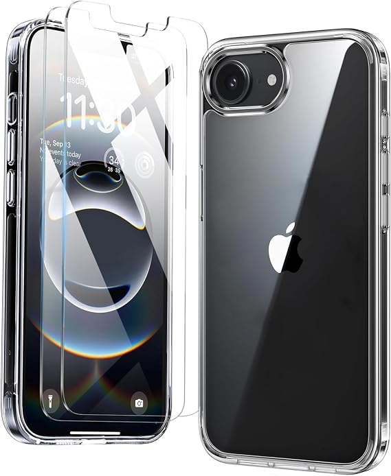 for iPhone 17e /iPhone 16E Case,Clear iPhone 17 E/iPhone 16 E Phone Case with 2XTempered Glass Screen Protector,Shockproof Slim Silicone TPU Bumper Hard PC Cover for iPhone 16e 6.1"