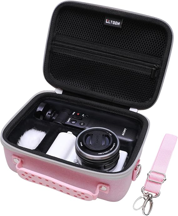 Camera Case Compatible with Sony Alpha ZV-E10 / ZV-1F / ZV-1 / ZV-1 II Vlog Camera with Shoulder Strap by LTGEM, Fits Vlogger Accessory Kit Tripod and Microphone, Pink+Black