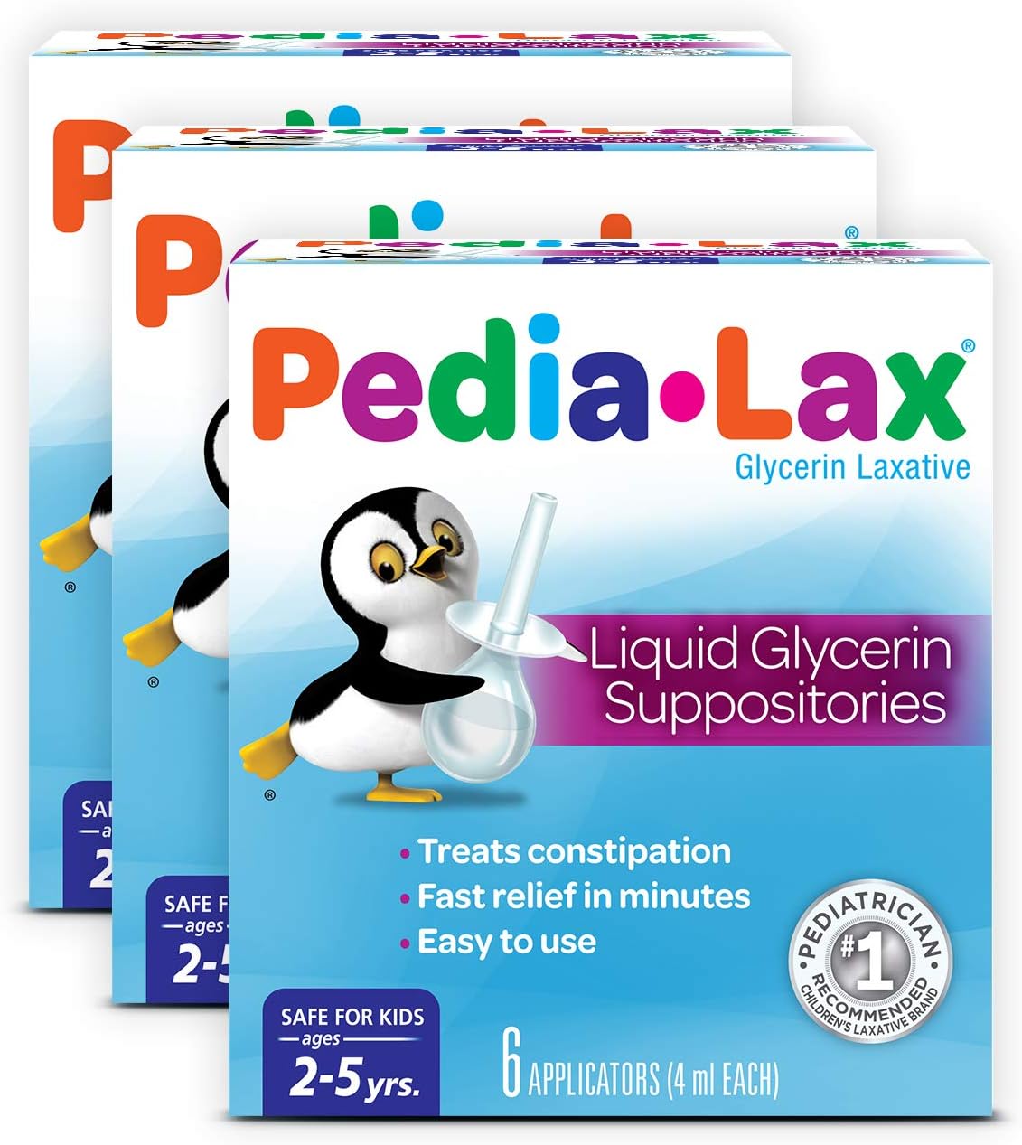 Pedia-Lax Laxative Liquid Glycerin Suppositories for Kids, Ages 2-5, 6 CT, 3 Pack