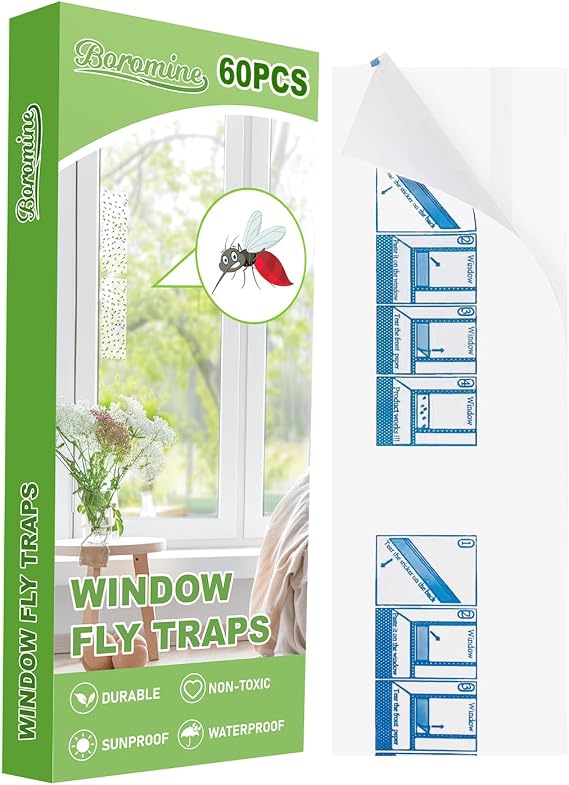 60 Pack Window Fly Traps, Window Sticky Traps, Sticky Non-Toxic Clear Fly Paper Indoor for Home