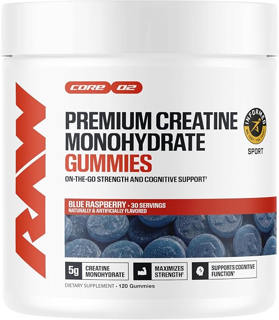 RAW Nutrition Creatine Gummies, Blue Raspberry, 5g Creatine Monohydrate