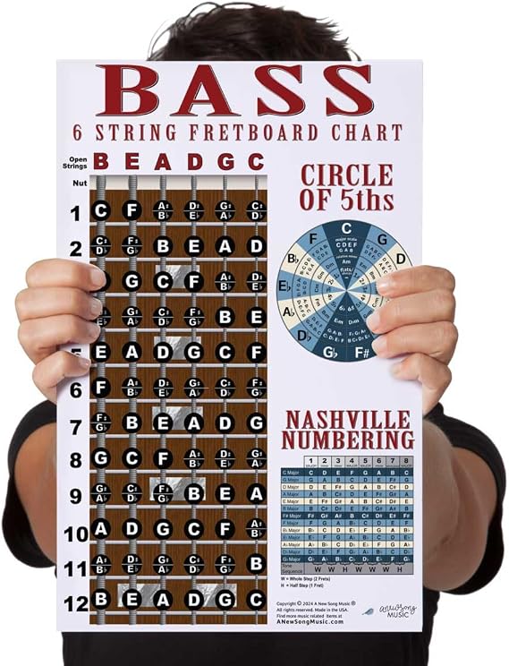 6 String Bass Guitar Chart Fretboard Notes Music Theory Poster 11x17
