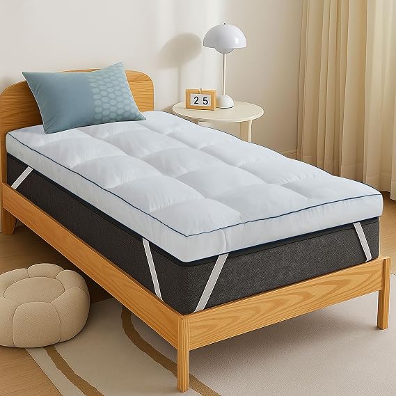 QUEEN ROSE Mattress Topper Twin Size, Pillow Top Extra Thick Mattress Pad, Soft Baffle Box Overfilled Down Alternative for Back Pain, 4 Corner Straps, White