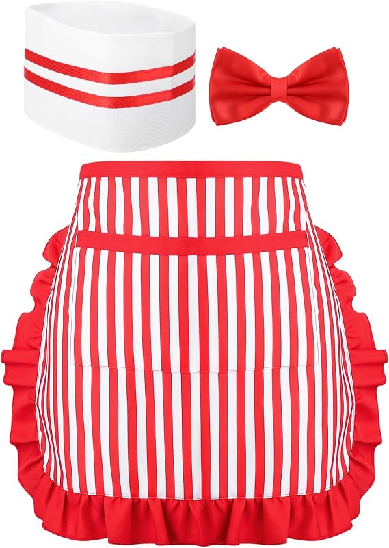 1950s Waiter Costume Kit, Soda Jerk Costume, Red and White Striped Half Apron with 2 Pockets, Chef Hat, Red Bow Ties