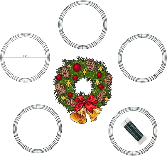 20 Inch Christmas Green Wire Wreath Frame,5 Pack Metal Front Door Wreath Round Form Iron Ring for Christmas, New Year Decors, Crafts, DIY, Holidays, Events