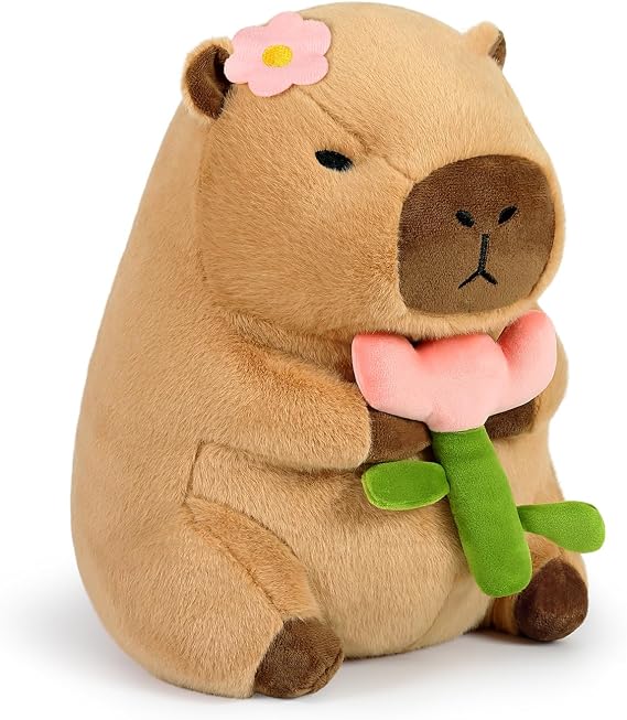 Ditucu Cute Capybara Plush Pillow Holding Tulip Flower Capibara Stuffed Animal Plushies Toys for Mom Kids Girlfriend Brown 11 inch