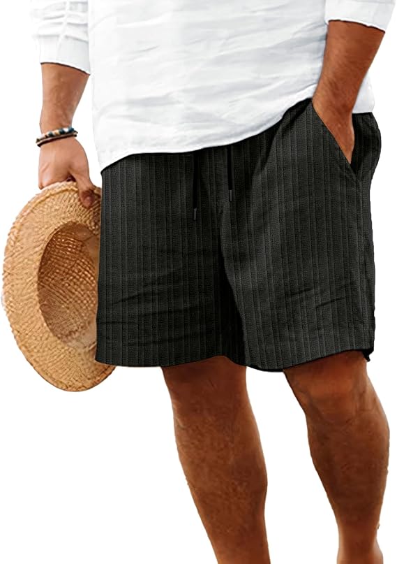 Mens Linen Shorts Flat Front Casual Elastic Waist Drawstring Summer Beach Vacation Shorts with Pocket