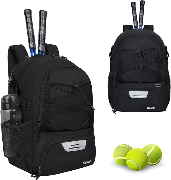 Goloni Tennis Backpack, Tennis Bag with Fence Hook & Ventilated Shoe Compartment, Holds 2 Tennis Rackets