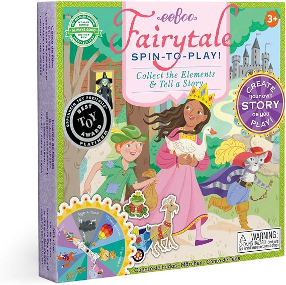 eeBoo Fairytale Spinner Game, Story Building Game, Ages 5+, 2-4 Players | Introduces storytelling & creative thinking. Includes spinner & thematic pieces to create your own story. 15 minute game play