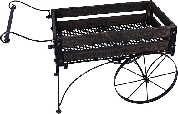 Zeckos Wagon Plant Stand, 24.5 Inch Light Brown Wood and Metal Planter