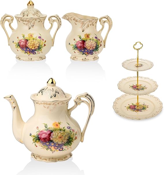 YOLIFE Floral Teapots & 3 Tiered CupCake Stand & Sugar and Creamer Set (Flowering Shrubs)