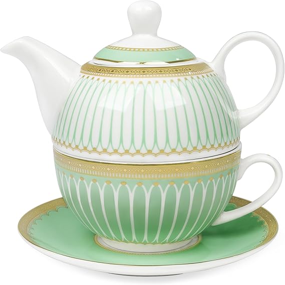 fanquare Tea for One with Gold Trim, Green Teapot Set for Adults, Ceramic Coffee Cup with Saucer, Classic Stripes | Teapot Set for Adults, Ceramic Coffee Cup with Saucer