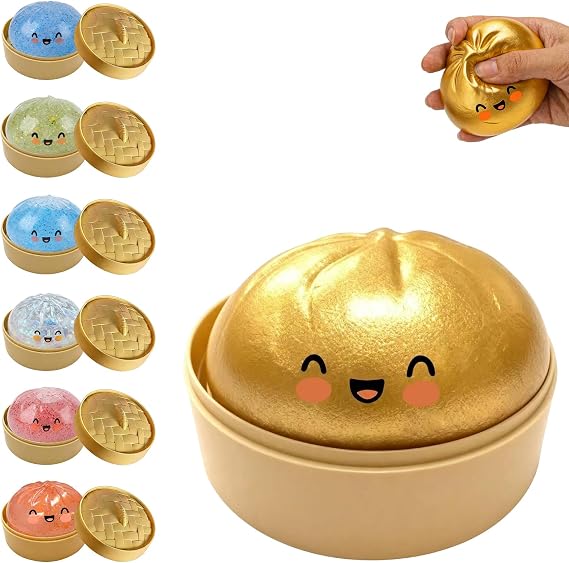 Glitter Dumpling, Glitter Dumpling Squishy with Box, 7 Color Options Dumplings Squishy Toy for Stress Relief for Adults (Golden)