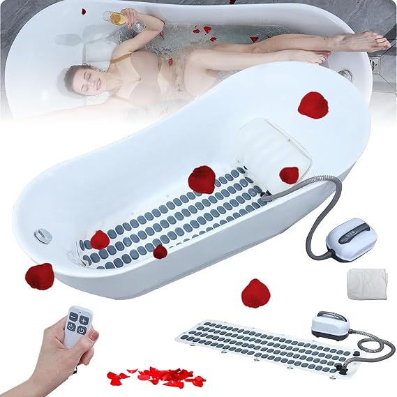 Bath Spa Massage Mat with Remote Control, Portable Bathtub Bubble Mat, Body Bubble Bath Machine with Anti-Slip Mat and Inflatable Pillow, Home 48.8In Extended
