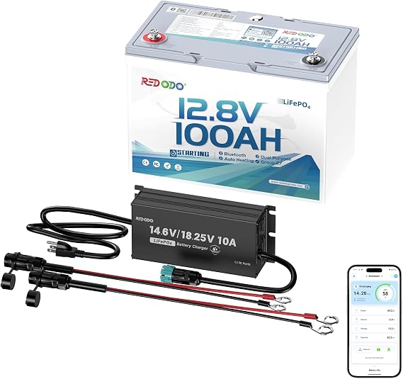 Redodo 12V 100Ah Group27 Lithium Marine Battery with 12V/16V 10A Charger