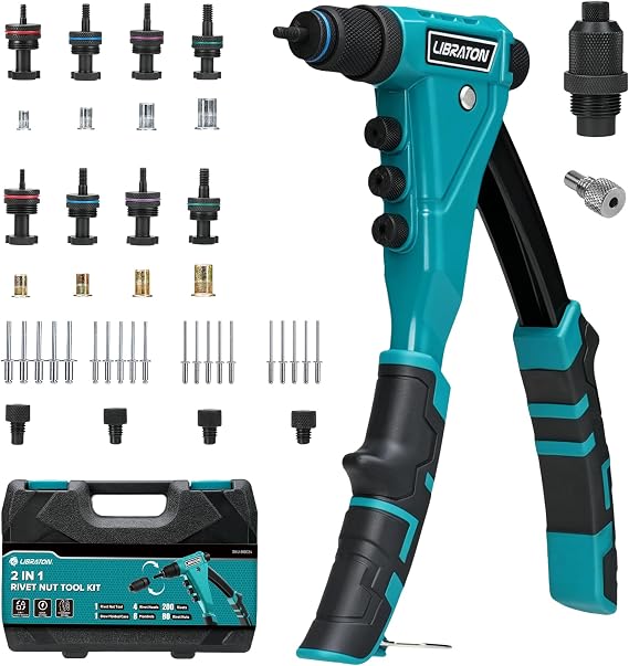 LIBRATON 2in1 Rivet Nut and Pop Rivet Gun Kit, Metric & SAE, 8 Mandrels