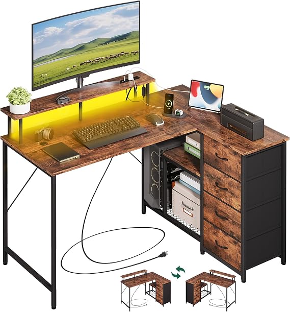 Somdot 53" L Shaped Desk with 4 Drawers,Home Office Desks with Power Outlets,Gaming Desk with USB Charging Port and Host Stand, Corner Desk with Storage Shelves for Gaming,Wood Grain Print