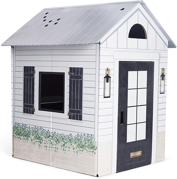 Modern Farmhouse Kids Playhouse Indoor, White with Black Trim, Foldable with Decorative Details