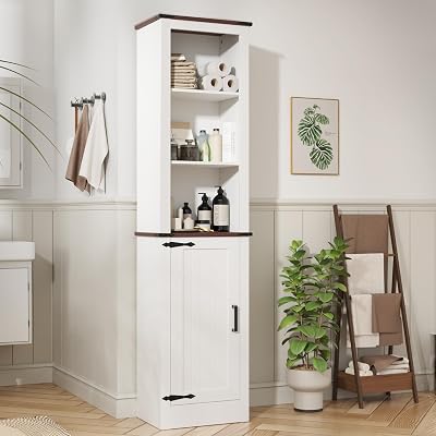 MHOM 71 Tall Bathroom Storage Cabinet, Farmhouse Storage Cabinet with Adjustable Shelves, Narrow Linen Tower Cabinet for Bathroom, Laundry, and, Living Room, White