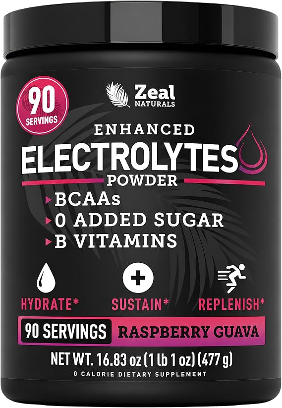 Zeal Naturals Electrolyte Powder - 90 Servings | Keto Electrolytes Powder | Zero Sugar, BCAAs, B-Vitamins | Potassium, Zinc, Magnesium | Hydration Powder Recovery Drink | Raspberry Guava