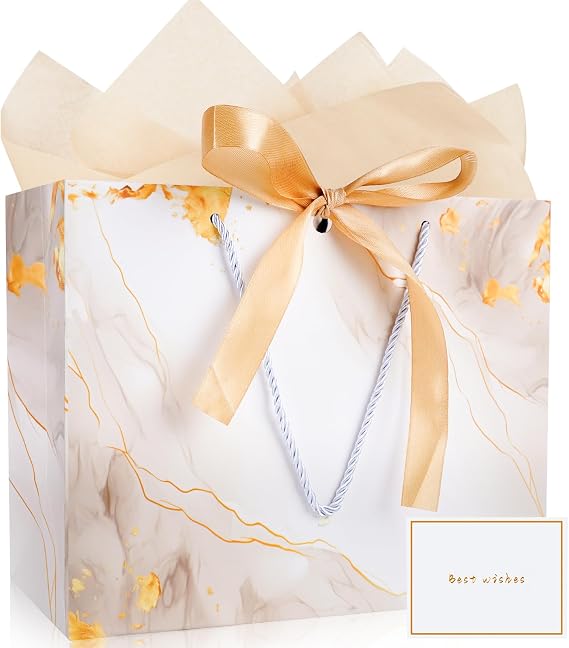 Gfractolux Gift Bag for Present, 1Pcs Large Gift Bags for Women Men with Tissue Paper and Cards, Gift Bags for Birthdays, Baby Shower, Wedding, Party, Holiday Presents 13"X10.2"X4.7" (White)