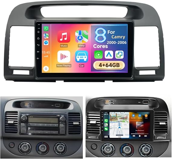 8 Core 4+64GB 9 Inch Car Stereo Radio for Toyota Camry 2000-2006 with Wireless Carplay Android Auto,Touch Screen for Camry Radio Upgrade, GPS, WiFi, Bluetooth, 32EQ DSP, FM, SWC, Mic, AHD Backup Cam | Touch Screen for Camry Radio with Wireless Carplay Android Auto, GPS, WiFi, Bluetooth, 32EQ DSP, FM, SWC, Mic, AHD Backup Cam