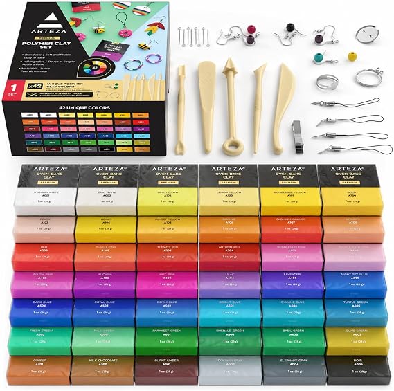 ARTEZA Polymer Clay Set, 42 Colors, 1 oz Oven-Bake Blocks with Tools