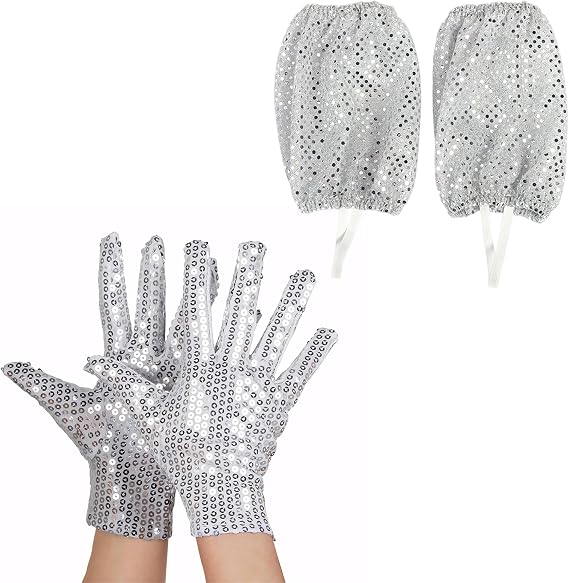 2 Pcs Silver Sequin Sock Covers & Sparkly Sequin Gloves,Dance Star Costume Accessories 80s 90s Pop Stage Outfits for Halloween Cosplay Party
