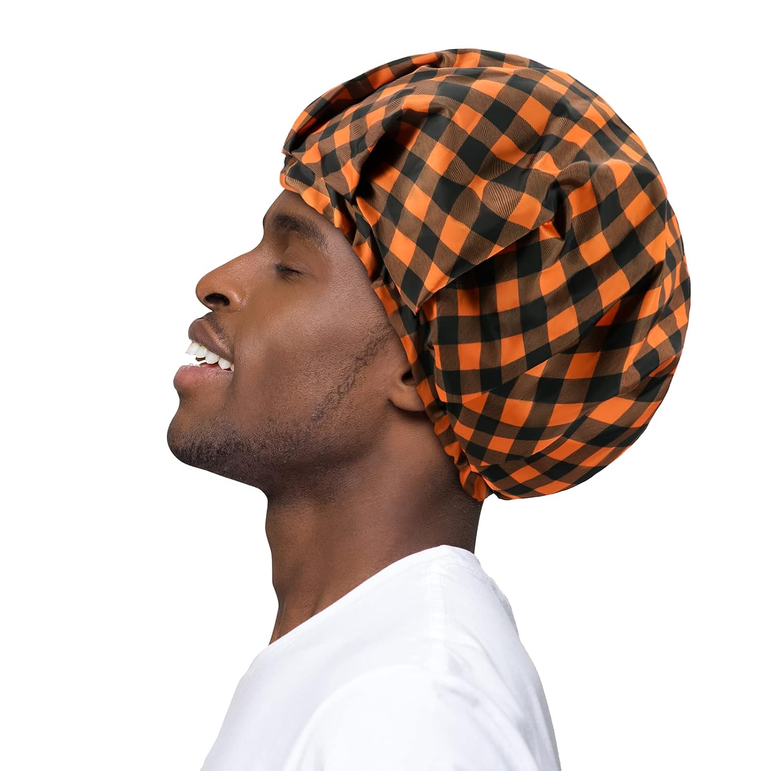 Large Waterproof Shower Cap for Men - Kenllas Reusable Adjustable Bath Cap for Dreadlock Braids Curly Hair Orange