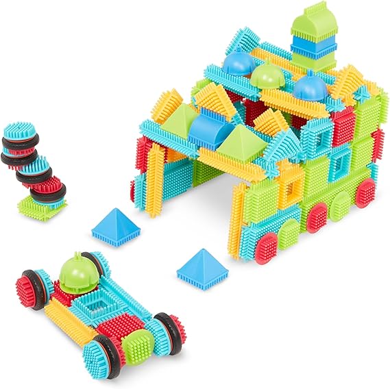 Battat Bristle Blocks Basic Builder Set, 112-Piece Building Blocks, Playset | Interlocking building blocks with soft bristles, assorted sizes and colors, plus 8 wheels for motion play, Playset, 2+ Years
