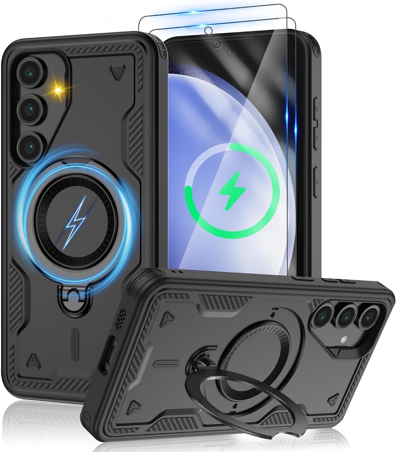 for Samsung Galaxy-S23 FE Case with Magsafe & [HD Screen Protector×2][Anti-Fingerprint], 360° Metal Rotated Kickstand,Military Grade Shockproof Protective for Galaxy S23 FE Case,Black