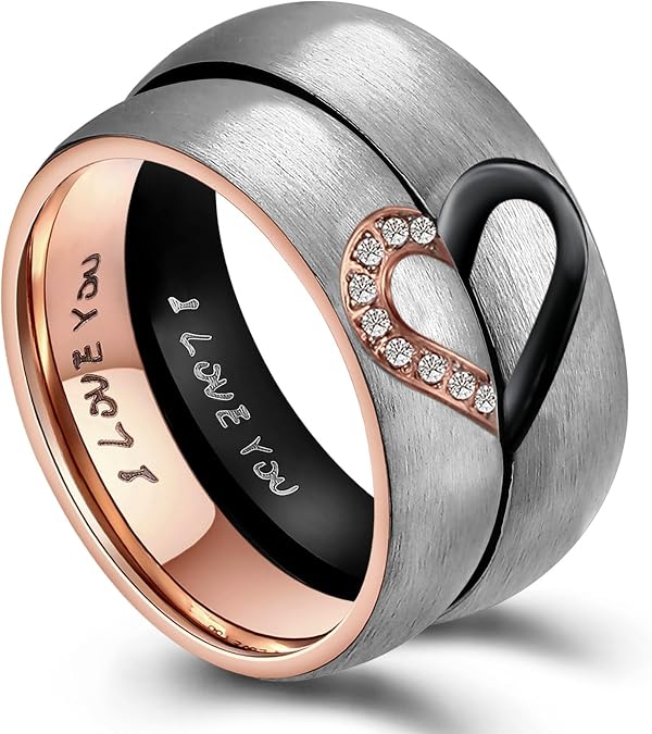 His & Hers Real Love Heart Promise Ring Stainless Steel Couples Wedding Engagement Bands Top Ring, 6mm