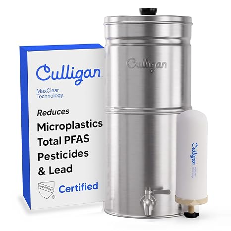 Culligan MaxClear Gravity Water Filter System - Microplastics, Lead & PFAS | IAPMO Certified | Nesting & Portable | 2.25 Gallon | 1 Ceramic + Carbon Filter Included | Premium Polished Stainless Steel