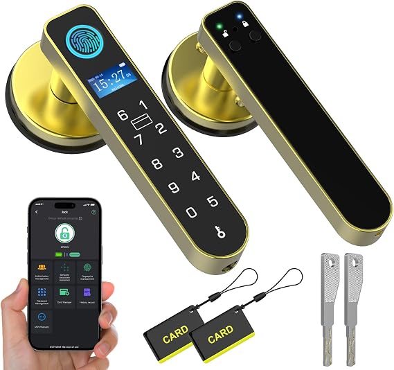 Smart Fingerprint Door Knob Lock with Display Screen, Fingerprint Biometric Door Lock with Code Keypad Keyless Entry Door Handle for Bedroom Home Hotel Office Apartment - Gold