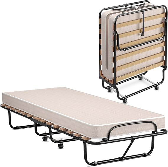 KOMFOTT Folding Rollaway Bed with 4 Inch Mattress, Foldable Bed with Memory Foam Mattress for Adults, Portable Fold Up Guest Bed with Sturdy Steel Frame on Wheels for Home & Office, Made in Italy