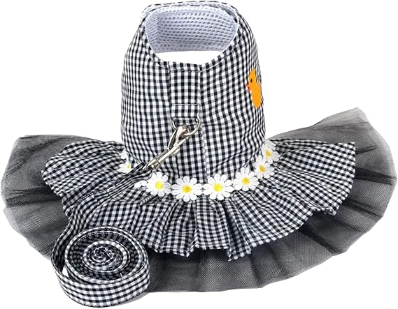 Small Dog Dress with Leash Set Adjustable Dog Harness Dress with D Ring Breathable Walk Doggie Outfits for Puppy Girl and Cat (S,Black)